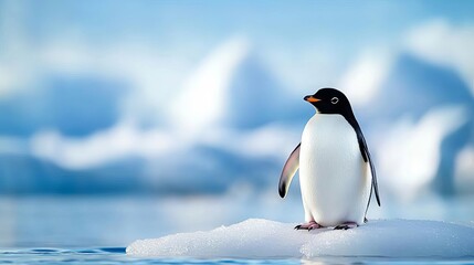 Obraz premium An adorable penguin standing on ice, surrounded by a stunning icy landscape, showcasing the beauty of nature's cold environments.