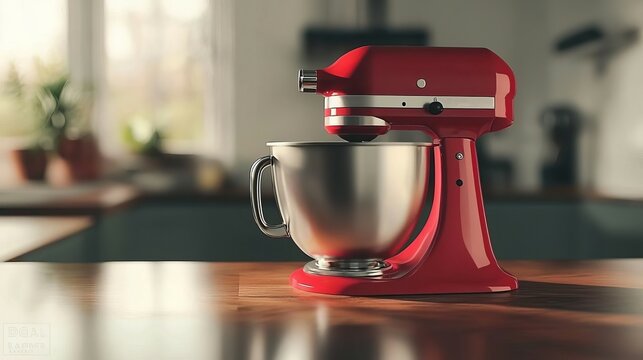 A vibrant red stand mixer rests on a wooden countertop, perfect for baking enthusiasts creating delicious recipes.