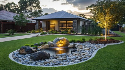 A front lawn with a unique water feature combining a fountain and a rock garden