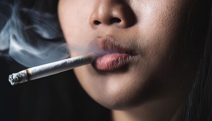close-up of a person’s lips smoking a cigarette with soft curling smoke in dim moody lighting  
