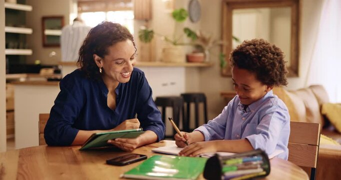 Mother, kid and high five for education in home with homeschool success, learning support or motivation. African family, woman and boy with study celebration, academic achievement and homework lesson
