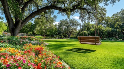 Obraz premium A front lawn with a vibrant flower garden and a wooden swing hanging from a large oak tree