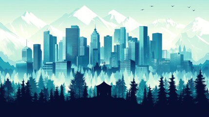 Obraz premium Cityscape nestled amidst a tranquil forest and snow capped mountains