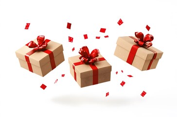 Obraz premium Three Gift Boxes Float With Red Ribbons and Confetti