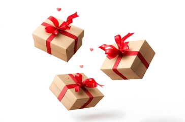 Fototapeta premium Three Kraft Paper Gift Boxes With Red Ribbons