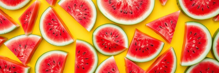 Fresh watermelon slices arranged in a beautiful pattern on a vibrant yellow background, creating a visually striking image that is perfect for summer themes, fruits, top view