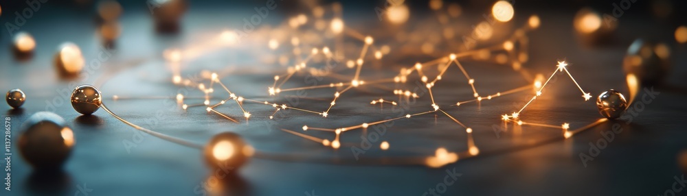 Poster a stunning visual of glowing spheres connected by luminous lines, creating a dynamic pattern on a da