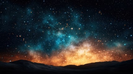 Fototapeta premium A stunning night sky filled with stars, a vibrant galaxy, and a glowing horizon, set against dark mountains.