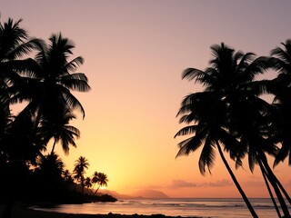 Obraz premium Gorgeous tropical sunset over sandy beach with palm tree silhouettes, perfect for summer travel and vacation, relaxation, idyllic