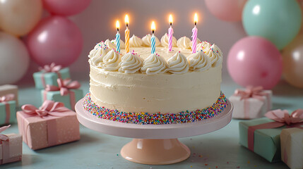 Classic vanilla birthday cake with fluffy white frosting, colorful sprinkles and burning candles