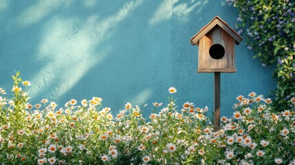 A front yard with a birdhouse mounted on a pole, surrounded by green grass and flowers