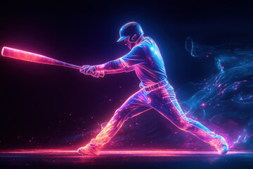 Obraz premium Dynamic neon illustration of a baseball player in action.