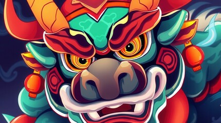 Obraz premium A vibrant and colorful close-up of a traditional Chinese lion dance head with intricate details. This image feels celebratory, perfect for festivals or New Year events.