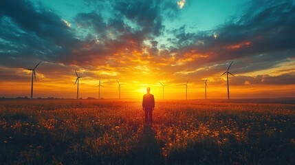 Fototapeta premium Majestic sunset behind wind turbines reflects the promise of clean energy and a sustainable future