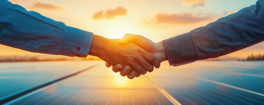 Business Partnerships Driving Awareness for an Eco-Friendly Environment concept. Handshake at sunset over solar panels symbolizing partnership.