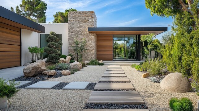 A front yard with a minimalist zen garden corner, complete with raked gravel and stones