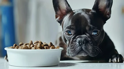 A curious French Bulldog gazes intently at its bowl of food, showcasing its playful and attentive nature in a cozy setting.