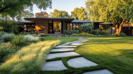 Obraz premium A front yard with a pathway made of natural stone slabs winding through the grass