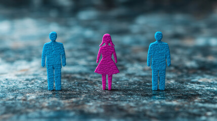 blue male figures and one pink female figure, symbolizing gender representation, individuality, and societal roles through simplicity and contrast