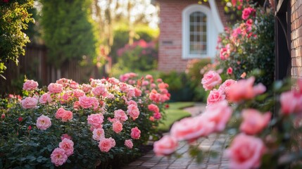 A front yard with a row of rose bushes leading to a charming brick house