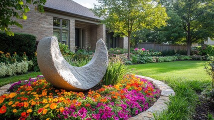 Obraz premium A front yard with a vibrant flower bed surrounding a decorative stone sculpture
