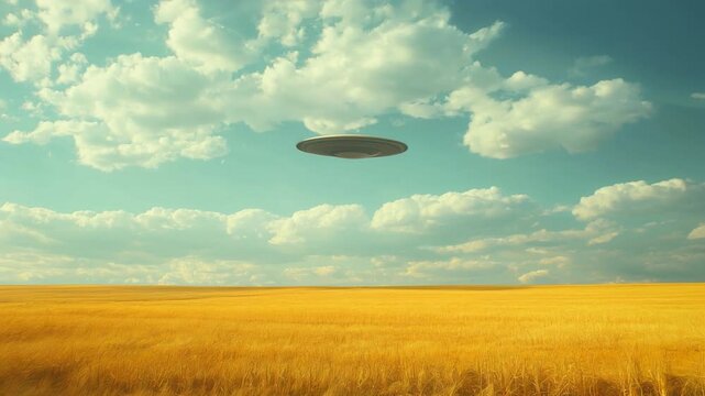UFO hovering motionless in clear sky above golden wheat field with slow camera movement