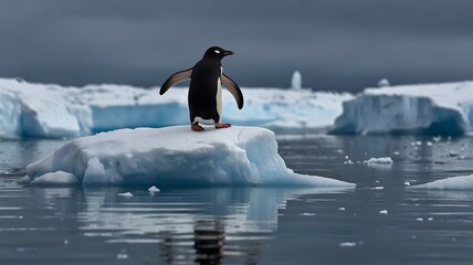 Adelia penguin (Pygoscelis adelite) on blue ice berg. Graham Passage, Antarctic Peninsula, Antarctica. DIGITAL COMPOSITE.

