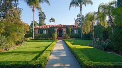 Obraz premium A front yard with tall hedges bordering the lawn for privacy and elegance