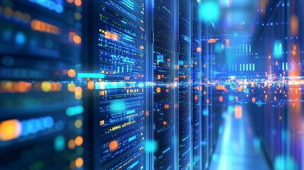 Fototapeta premium Close-Up View of Colorful Server Rack Filled with Rows of Various Patterned Servers in Neat and Futuristic Data Center Setting