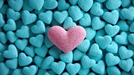 Obraz premium Colorful Heart Candy surrounded by Blue Heart Shapes on Surface
