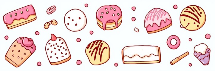 Hand drawn set of sweets doodles with bright lettering in vector, food, hand drawn