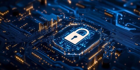 Obraz premium Close-up of computer circuit board with central white padlock icon, surrounded by blue light, conveying security and protection