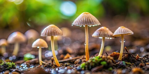 Fototapeta premium Lenticuloid mushroom caps on the ground after rain, lentinus squarrosulus, mushroom caps