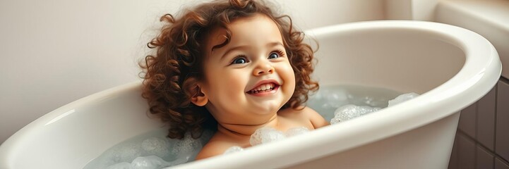 Happy toddler girl with curly hair blissfully playing with bubbles in a clawfoot bathtub in a charming vintage bathroom, curly hair, child