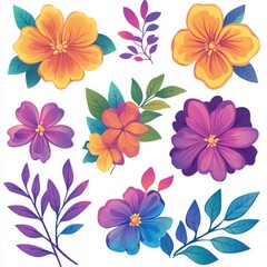 Vibrant Floral Collection Featuring Colorful Blossoms, Leaves, and Botanical Elements for Creative Use in Art and Design Projects