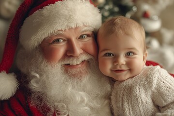 Cheerful noel, &Ntilde;ute baby boy amused with santa claus. Christmas promotion creative artwork for billboard and social platforms use. Xmas photo ads. Santa lap kids happy. Xmas tree lighting a.