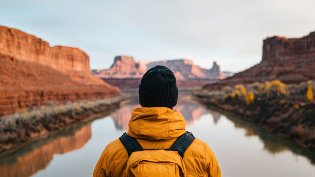 risk-taking adventure strategy Concept. hiker gazing at serene canyon landscape with reflections - Powered by Adobe