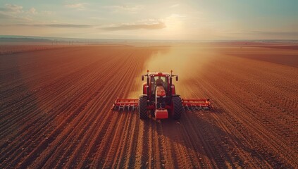 Fototapeta premium Tractor Working a Field at Sunset