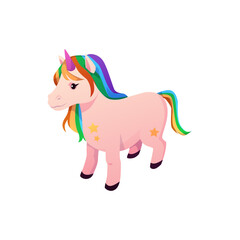 Vector illustration of pink unicorn with horn and rainbow mane and tail.