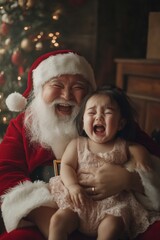 Obraz premium Gleeful festive season, Ñute baby girl weeping with santa claus. Christmas commercial conceptual art image for banner and online promotion use. Xmas ad campaigns. Holiday celebration photos.