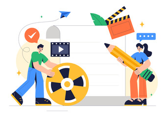 Screenwriter Vector Illustration featuring a Professional Writer and Copywriter for Filmmaking, Cinematography, or Film Production in a Background