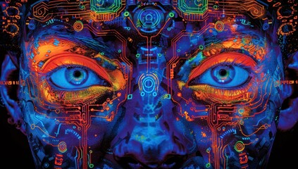 Cybernetic Human Face with Neon Glow