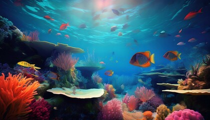 Underwater Scene With Coral Reef And Exotic Fishes
 - Coral Reef With Fish And Coral