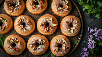 Rustic donuts topped with organic icing and n
