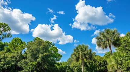 Obraz premium A vibrant blue sky with fluffy clouds above lush green trees in a natural setting.