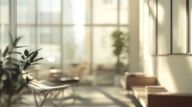 70.A modern office interior with slightly out-of-focus glass windows and bright natural light streaming in, creating a soft, airy atmosphere with hints of neutral tones and minimal furnishings.