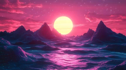 Selbstklebende Fototapeten A vibrant, neon-colored, digital landscape with mountains, a large sun, and a starry sky. © Fitriyani