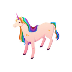 Cute magical unicorn vector design with rainbow mane and long horn on a white background