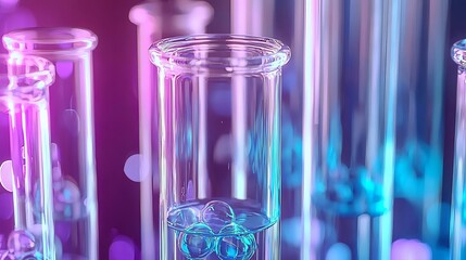 Colorful test tubes filled with liquids, illuminated with vibrant lights, perfect for scientific and laboratory themes.