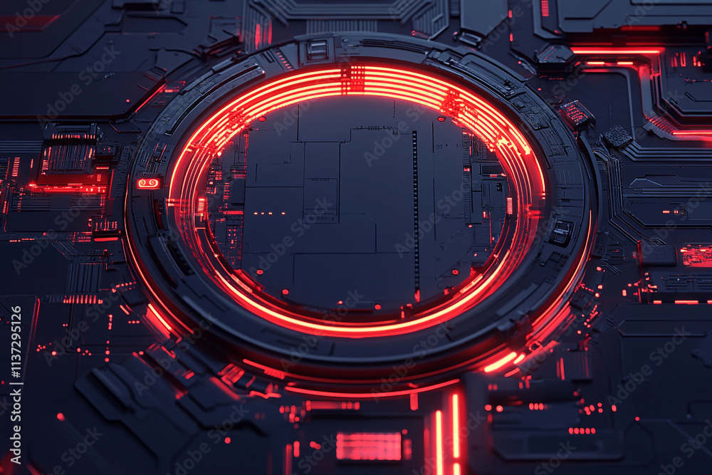Poster futuristic circuit board design with glowing red elements and intricate patterns
